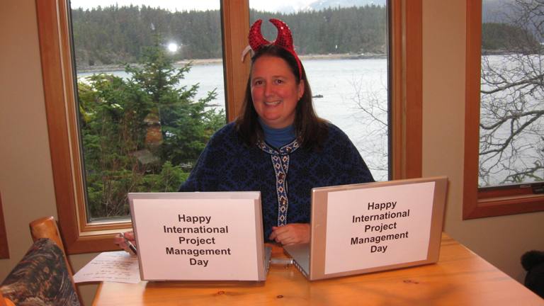 Celebrating International Project Management Day AND finishing the writing retreat project with Barb (she preferred the devil horns to the tiara).